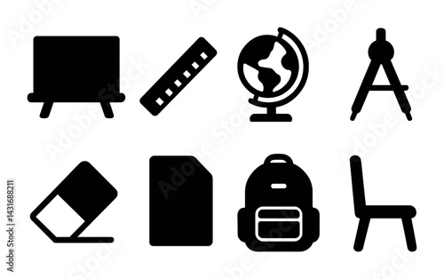 Education and school solid icons set – filled style learning, teaching, and study symbols: chalkboard, ruler, globe, compass, eraser, notebook, backpack, chair.