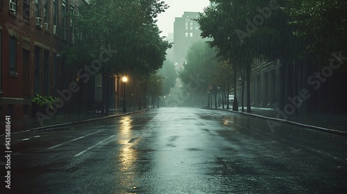 Urban street drenched in a misty rain shower.