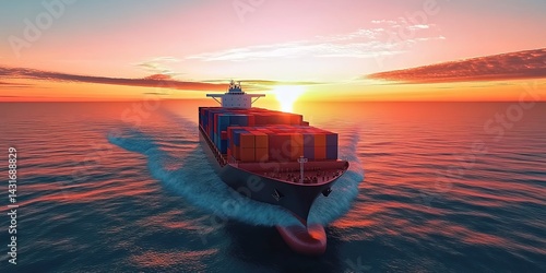 A large container ship sailing on the open sea at sunset.