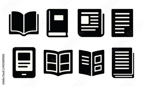 Reading and literature solid icons set – silhouette style book, ebook, and publication symbols for library and study: open book, hardcover, newspaper, ebook, magazine, brochure, folio.