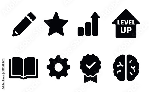 Education and growth solid icons set – filled style symbols for learning, improvement, and success: pencil, star, graph, level up, book, gear, certificate, brain.