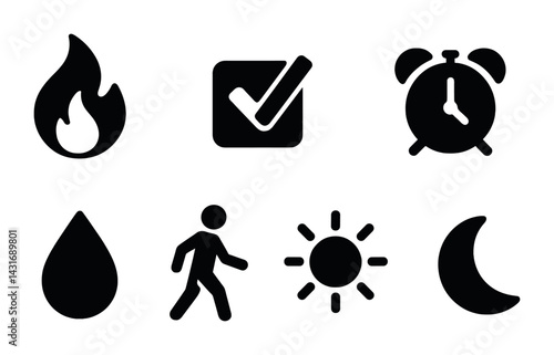 Essential everyday icon set - solid style symbols for daily life, routine, and alert tasks: flame, checkmark, clock, drop, walking figure, sun, moon
