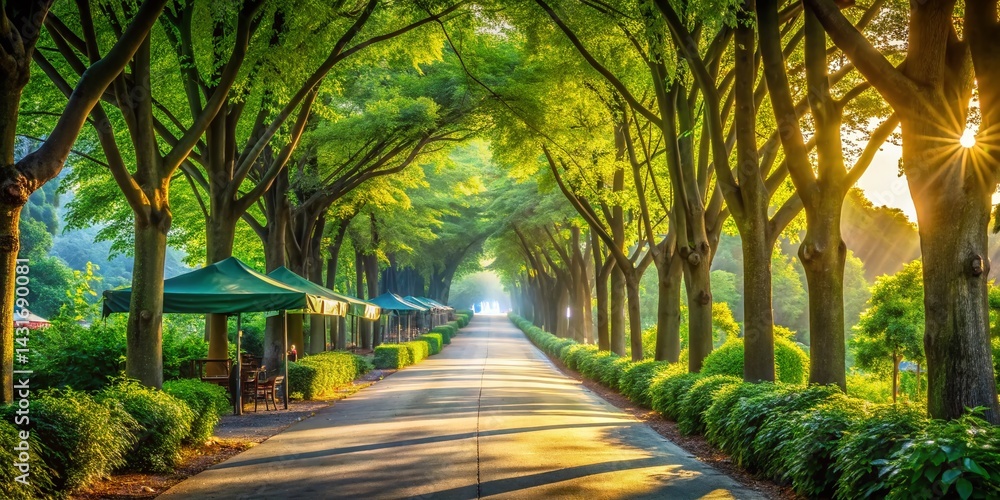 Obraz premium Long Shady Path with Trees and Awnings: Peaceful Summer Walkway Stock Photo