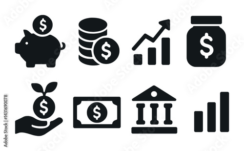 Finance and banking solid icon set – filled style economy, investment, and savings symbols: piggy bank, coins, growth chart, savings jar, money plant, cash, bank, graph.