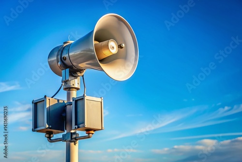 Loud Emergency Siren on Pole Against Clear Blue Sky - Public Safety Warning System