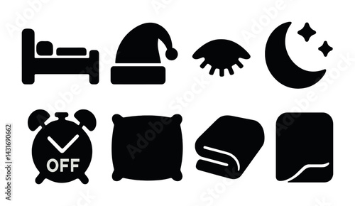 Cozy sleep essentials icon set - solid style bedtime, relaxation, and comfort symbols: bed, nightcap, eye mask, moon, alarm clock, pillow, blanket, sleep app