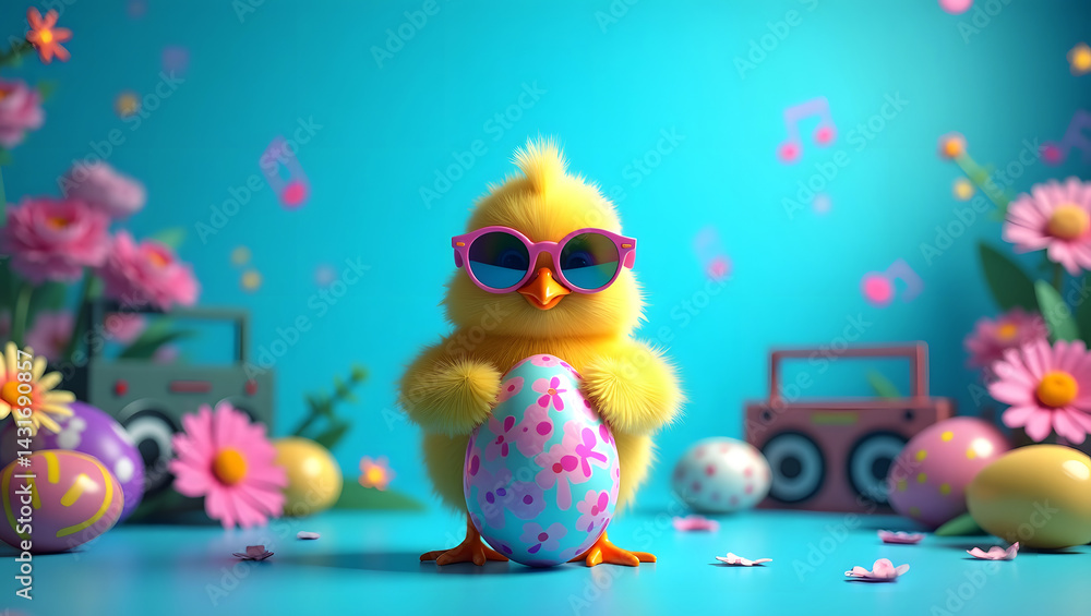 Naklejka premium Happy easter concept holiday greeting card - A cartoon chicken wearing sunglasses and holding an egg