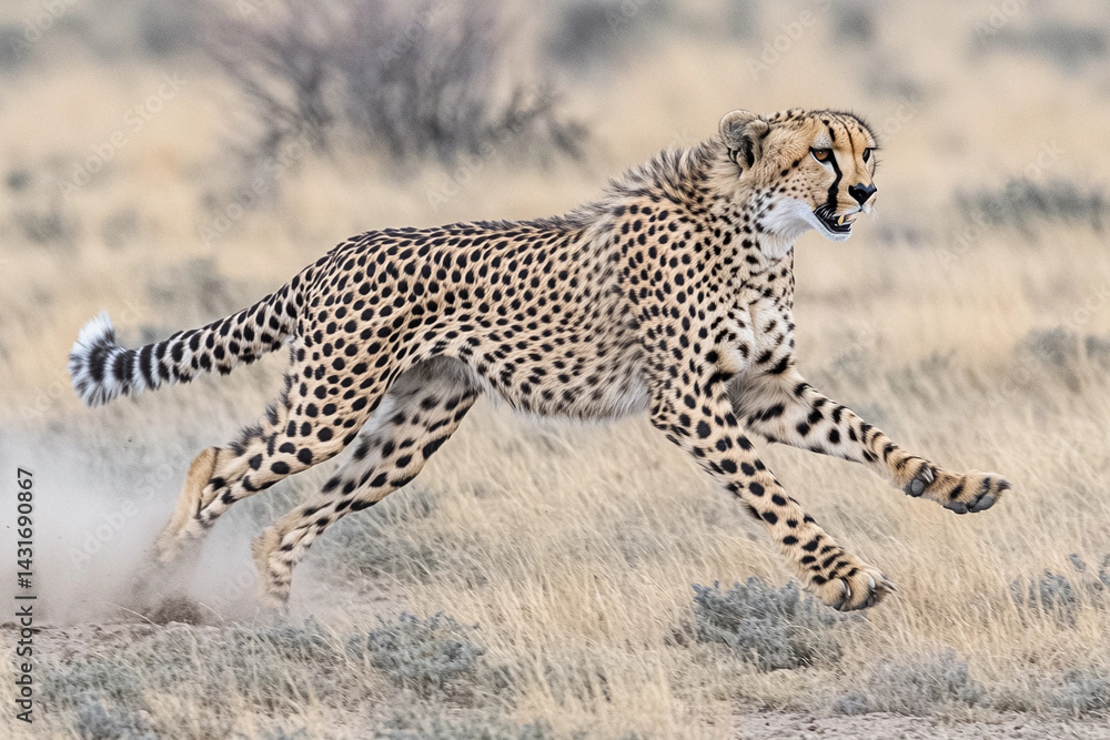 Cheetah sprinting across the dry savannah in a cloud of dust during a thrilling chase at sunset Cheetah sprinting across the dry savannah in a cloud of dust during a thrilling chase at sunset