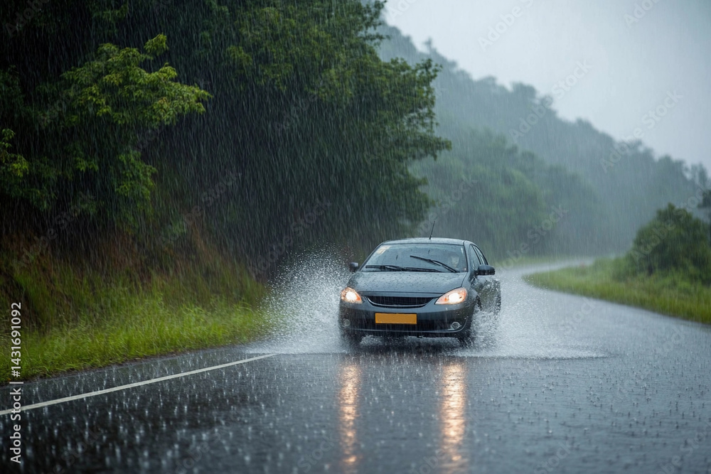 Fototapeta premium Driving through heavy rain on a winding countryside road during a stormy day