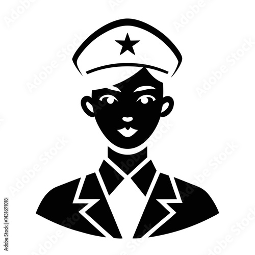 Stylized Black And White Icon Of Female Officer In Uniform With Cap