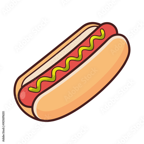 Vector Hot Dog Illustration With Mustard Topping On Bun And Sausage
