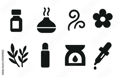 Aromatherapy and wellness icons set – solid style for relaxation, essential oils, and natural remedies: diffuser, flower, leaves, bottle, dropper, oil, scent, spa.