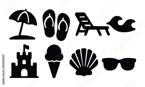 Summer beach silhouette icons set – solid style vacation and relaxation symbols for travel essentials: umbrella, flip flops, sunbed, wave, sandcastle, ice cream, shell, sunglasses.