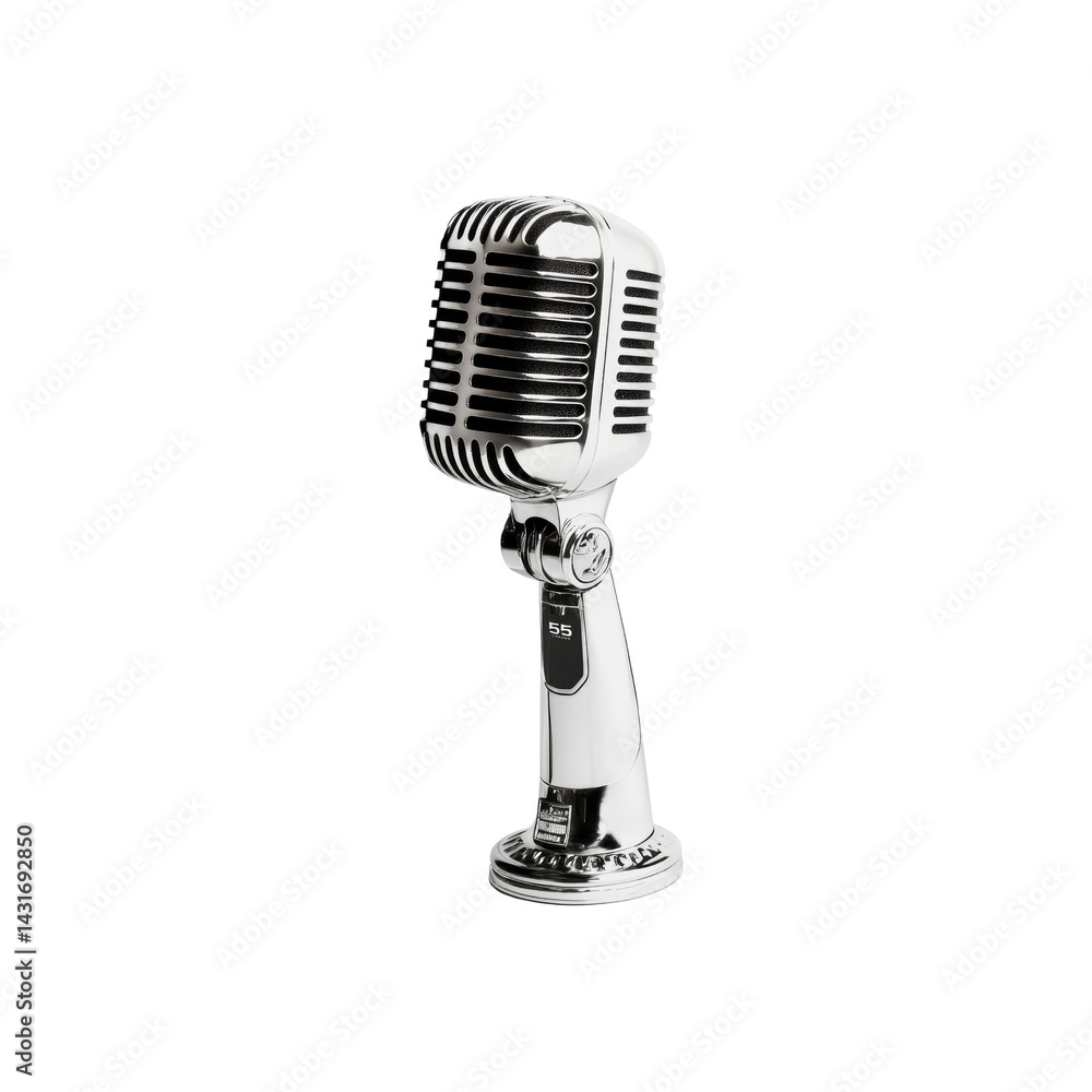 Fototapeta premium Vintage Chrome Microphone on Stand, Isolated on Transparent Background