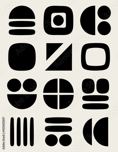 Grid of bold abstract black geometric shapes on light background, ideal for modern design, branding, or digital art concepts. Trendy poster. Vector art.