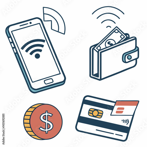 Contactless Payment Methods Including Mobile Phone Wallet Credit Card And Dollar Coin