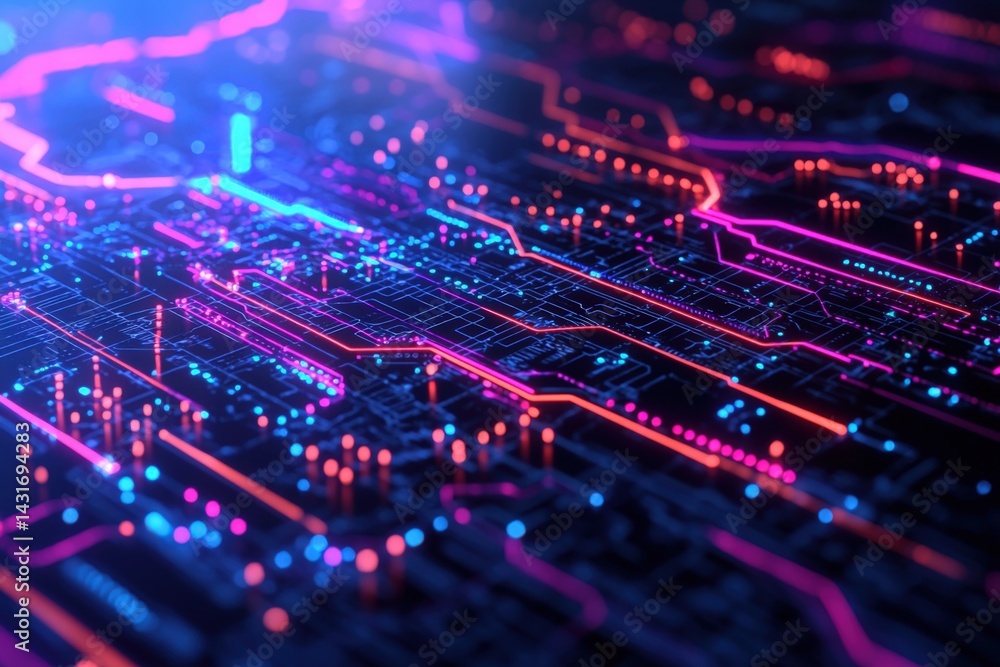 A vibrant digital circuit board with glowing lines and nodes, showcasing a modern, high-tech aesthetic. A vibrant digital circuit board with glowing lines and nodes, showcasing a modern, high-tech aesthetic.