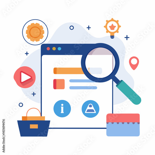 Vector Illustration Of Website Seo Optimization With Search Magnifier And Various Elements