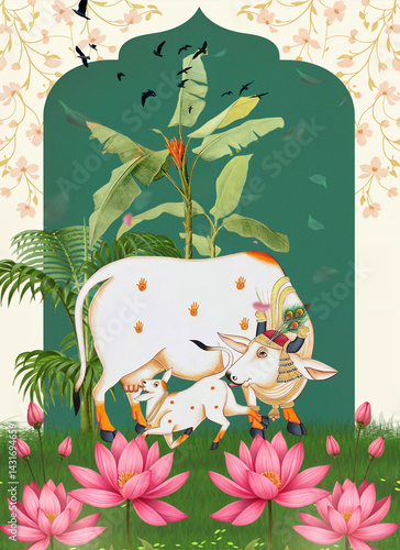 Wallpaper Mural Pichwai cow with banana tree  Torontodigital.ca