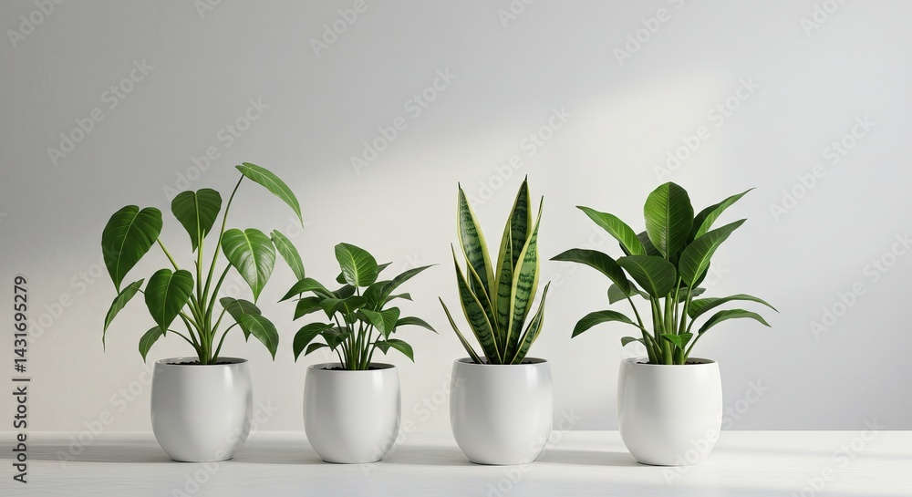 Fototapeta premium Indoor plant arrangement featuring monstera and snake plants in white pots for modern interior design