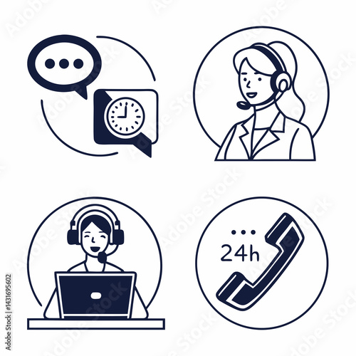 Customer Support And Service Outline Icons With Chatting Time And Assistance