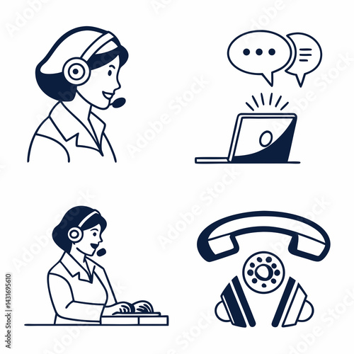 Customer Support Doodle Icons Call Center And Online Assistance Vectors Set