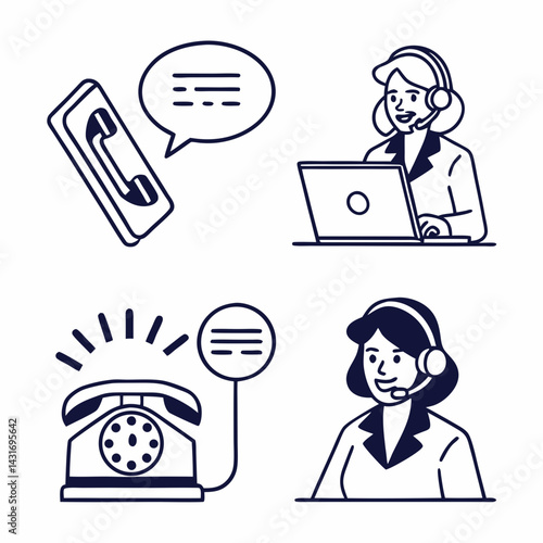 Customer Service Vector Illustrations Call Center Agents Communication Devices Isolated On White