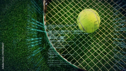 Tennis racket being animated catching yellow ball on green grass in flat design, showing code