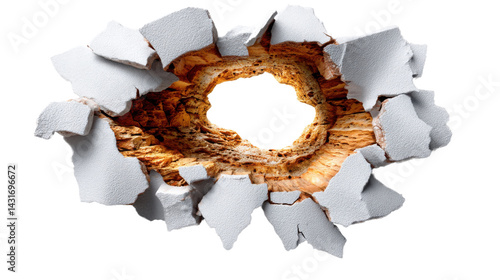 Shattered Breakthrough: A dramatic image of a wall or surface seemingly pierced with force, revealing the contrasting textures beneath and implying a moment of impact, rupture and new perspectives.