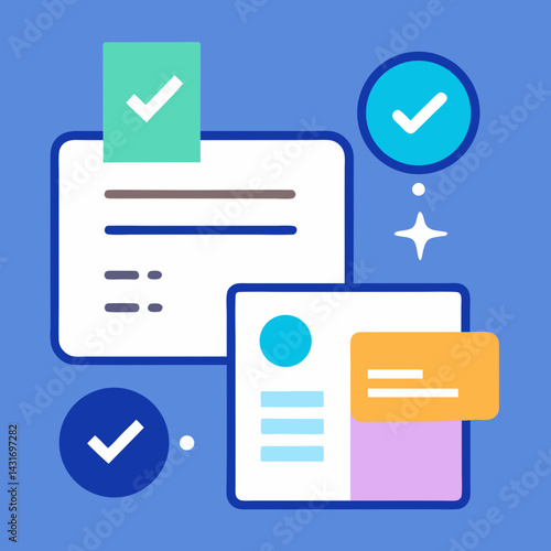 Abstract Digital Documents With Approval Checkmarks On A Blue Background Illustration