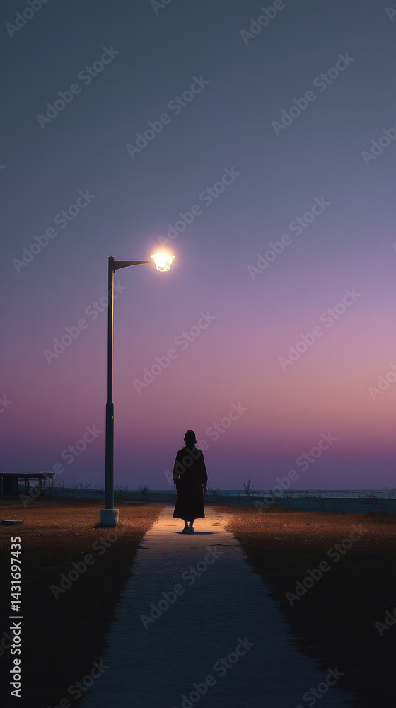 Obraz premium A solitary figure in a dark coat walks along a path illuminated by a glowing street lamp against a soft gradient of purple and blue in the twilight sky near the sea.