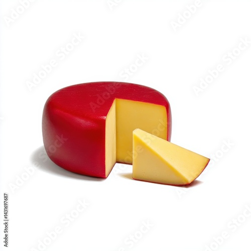 Cheese wheel with slice cut out isolated on white background