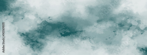 Abstract teal watercolor cloudscape. Soft white vintage or antique distressed texture. Beautiful grunge blue background with space. Old grunge design cement wall texture.