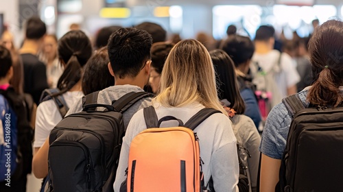 Wallpaper Mural group of travelers waiting with documents, casual clothes, backpacks, natural expressions, candid moment at immigration casual travelers waiting immigration candid passport border line diversity  Torontodigital.ca