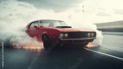 Red Classic Muscle Car Burning Rubber on a Track