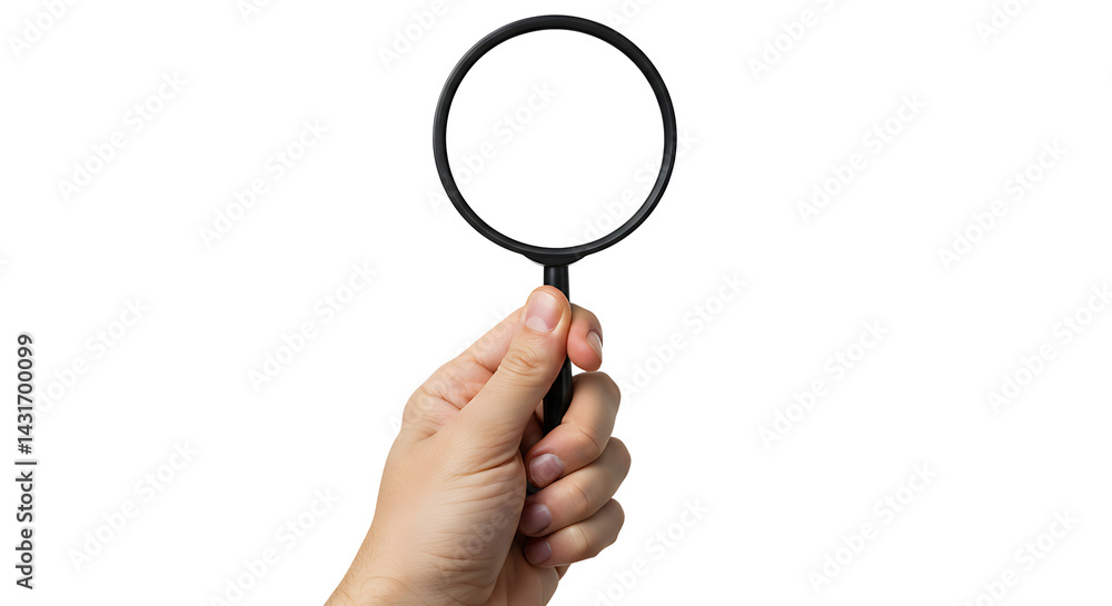A hand holding a magnifying glass isolated against a black background for clarity and detail. A hand holding a magnifying glass isolated against a black background for clarity and detail.