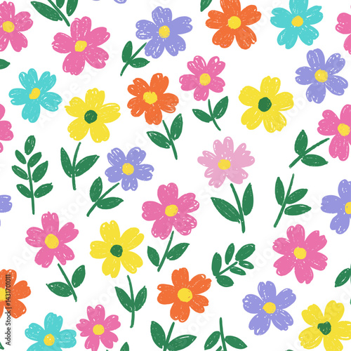 Wallpaper Mural Colorful Crayon-Style Floral Pattern Vector Illustration of Hand-Drawn Flowers and Leaves in Bright Colors Torontodigital.ca