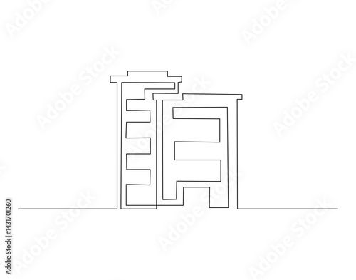 Modern building outline drawing illustration. Continuous line draw of architectural building vector