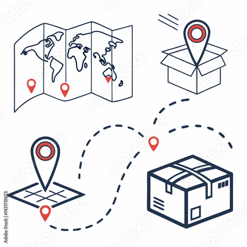 Global Delivery Route Map With Pin Locations And Packaging Boxes Vector