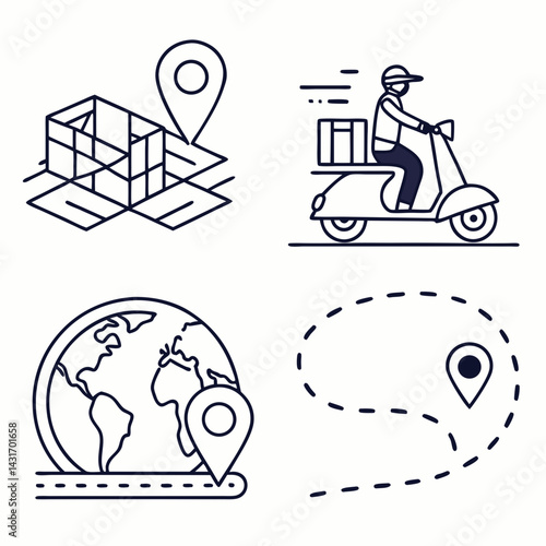 Global Logistics And Delivery Service Outline Icons Scooter Location Pin Symbol