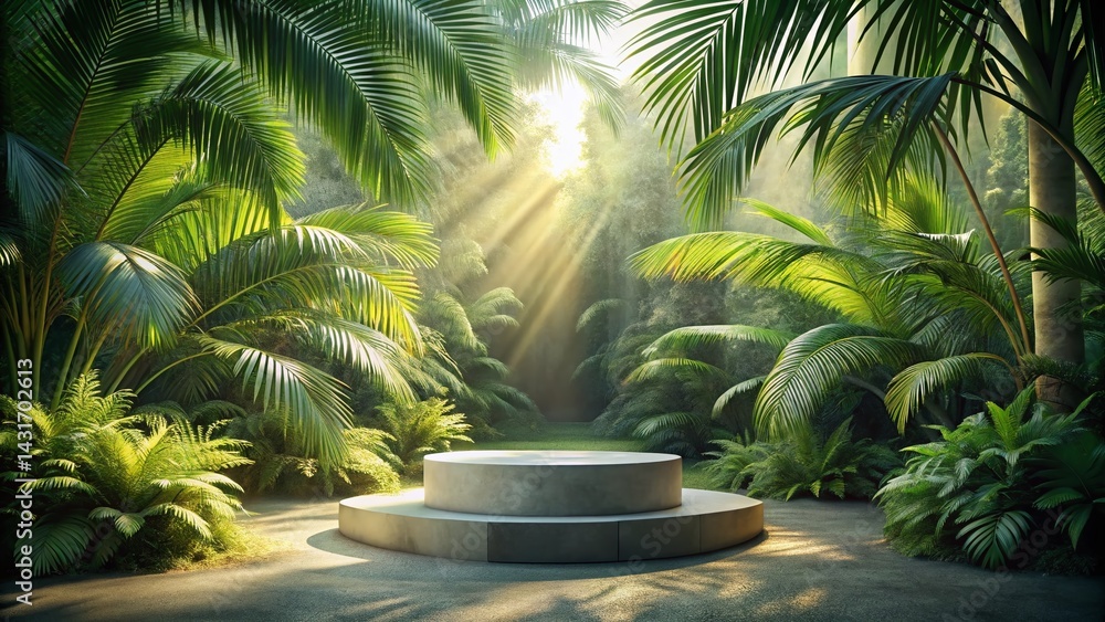 Lush Jungle Podium: Stone Product Display with Palm Trees Lush Jungle Podium: Stone Product Display with Palm Trees