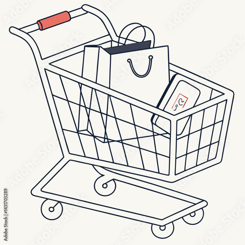 Simple Shopping Cart With Bags And Card Outline Illustration Design