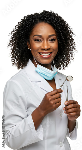 Smiling dentist with a mask around her neck, holding dental instruments ready for a checkup.