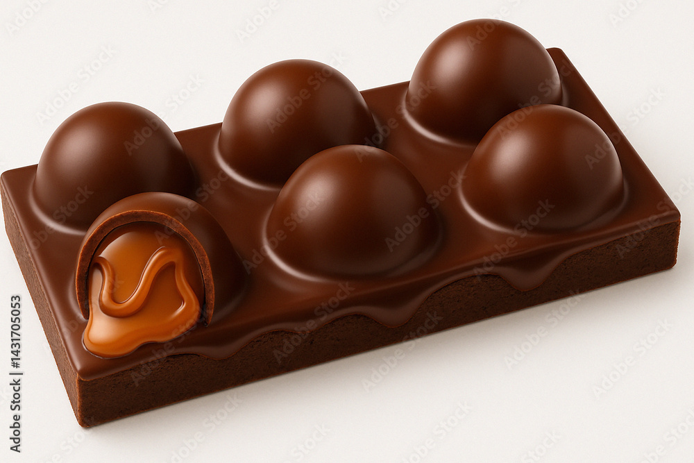 Fototapeta premium A decadent, dome-shaped chocolate treat with a rich caramel center, resting on a smooth, glossy chocolate base thats both indulgent and irresistibly photogenic.