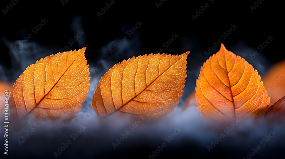 Three autumn leaves backlit partially obscured by fog or smoke Intricate vein details visible Three autumn leaves backlit partially obscured by fog or smoke Intricate vein details visible