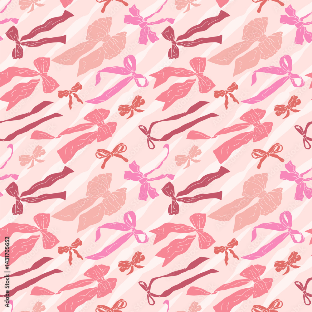 Seamless pattern with cute hand drawn fancy pink bow knots. Pretty retro coquettes wallpaper. Vintage romantic repeat background for wedding, birthday or Valentines decoration. Vector illustration Seamless pattern with cute hand drawn fancy pink bow knots. Pretty retro coquettes wallpaper. Vintage romantic repeat background for wedding, birthday or Valentines decoration. Vector illustration