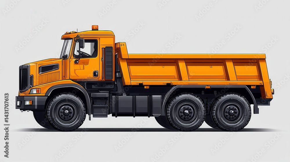 Side view of a bright orange dump truck on a neutral background, showcasing its design Side view of a bright orange dump truck on a neutral background, showcasing its design