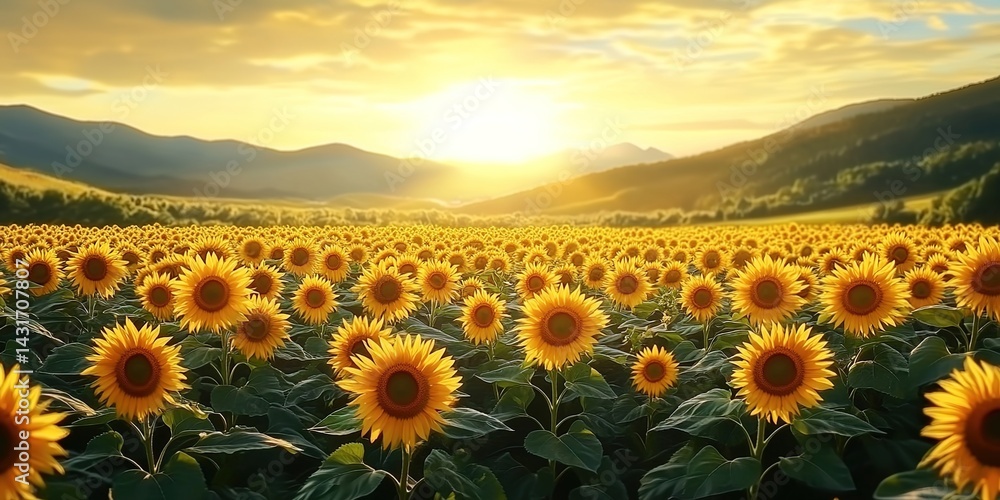 Fototapeta premium A sunflower field glowing under sunset light with mountains in the distance and white clouds in the sky.
