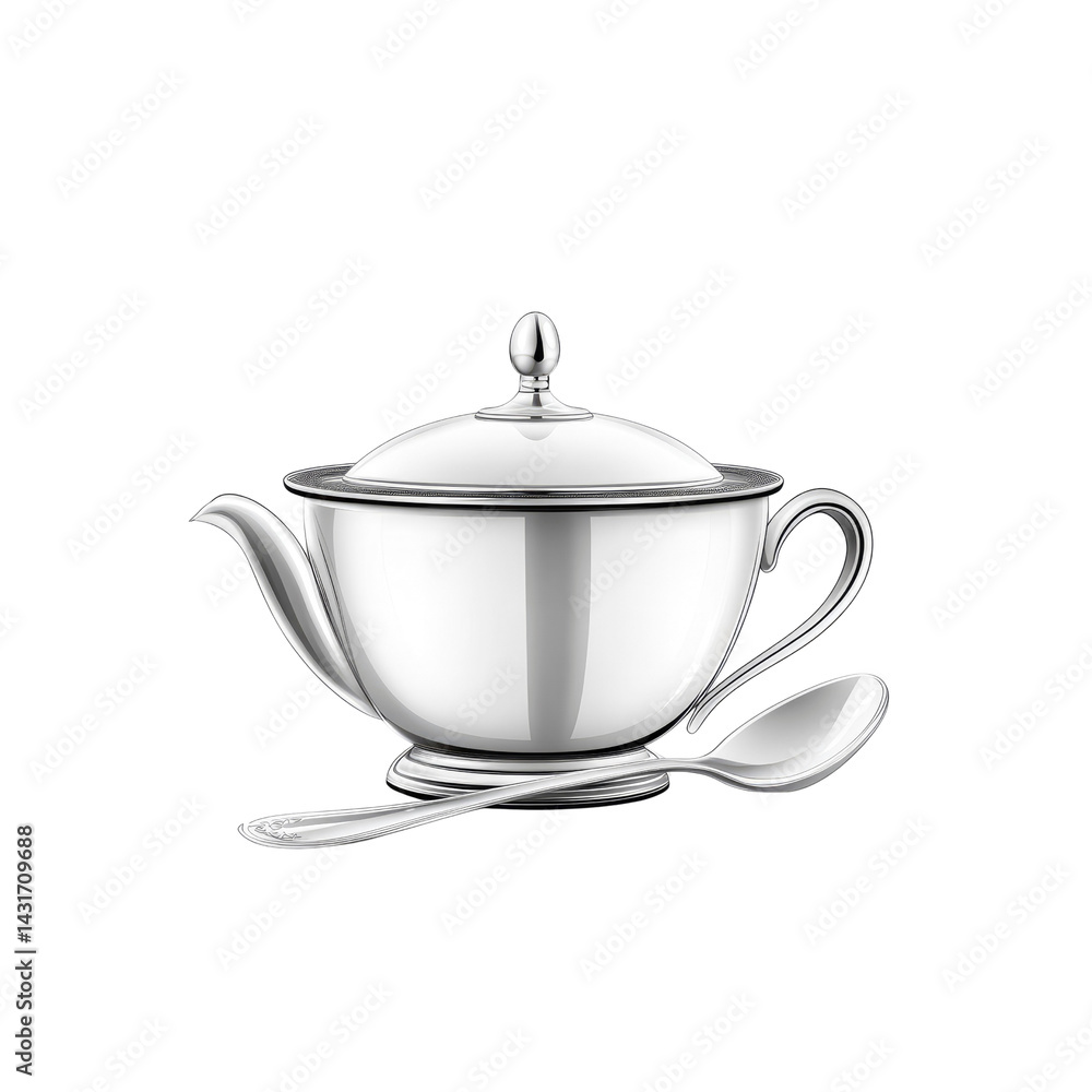 Elegant Silver Teapot with Spoon - High-End Tea Service Elegant Silver Teapot with Spoon - High-End Tea Service