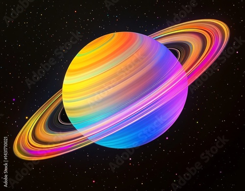 Colorful rings around adorable 3D Saturn.